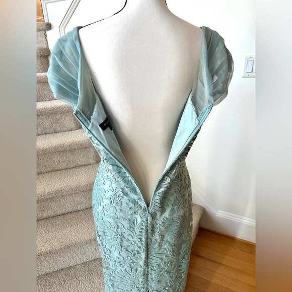 Tadashi Shoji Mint Green Sequin Embroidered Off the Shoulder Gown - Picture 4 of 10